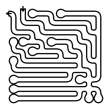 A chunky 10 by 10 maze with thick rounded corridors and no bridges, as the Tangle preset renders in the Ages 4 to 6 band
