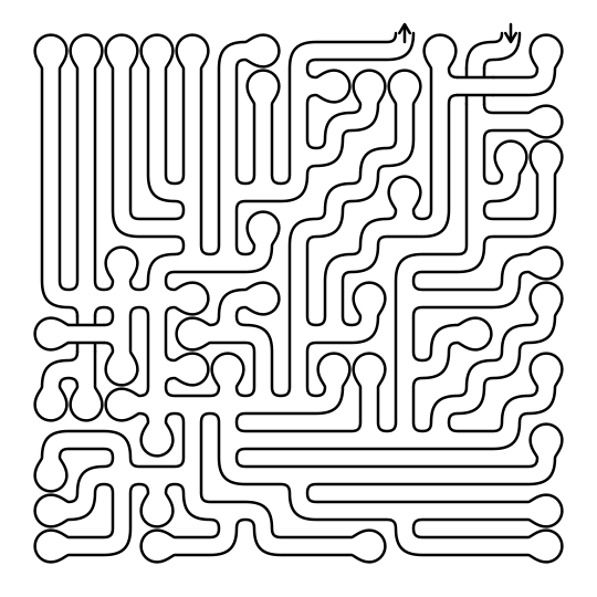 A 15 by 15 maze with rounded corridors and a few over-and-under bridges, as the Tangle preset renders in the Ages 7 to 10 band